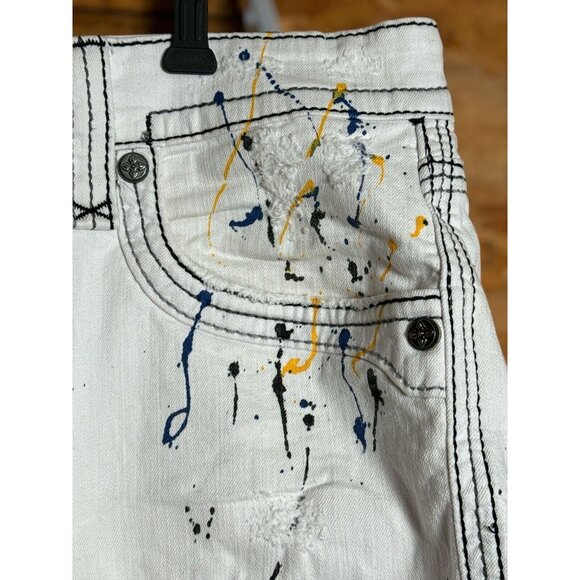 Rock Revival Jean Shorts "Rodd" White Splash Leather Inserts Shorts 40 90’s - Picture 2 of 12